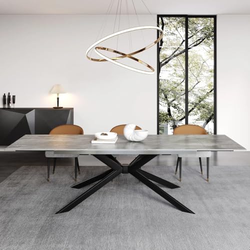 Trroec Contemporary Expandable Sintered Stone Dining Table 78.74 Inch to 110.24 Inch Rectangular Kitchen Table with Extension Leaf for 12 People, Grey Marble Table for Dining Room, Kitchen