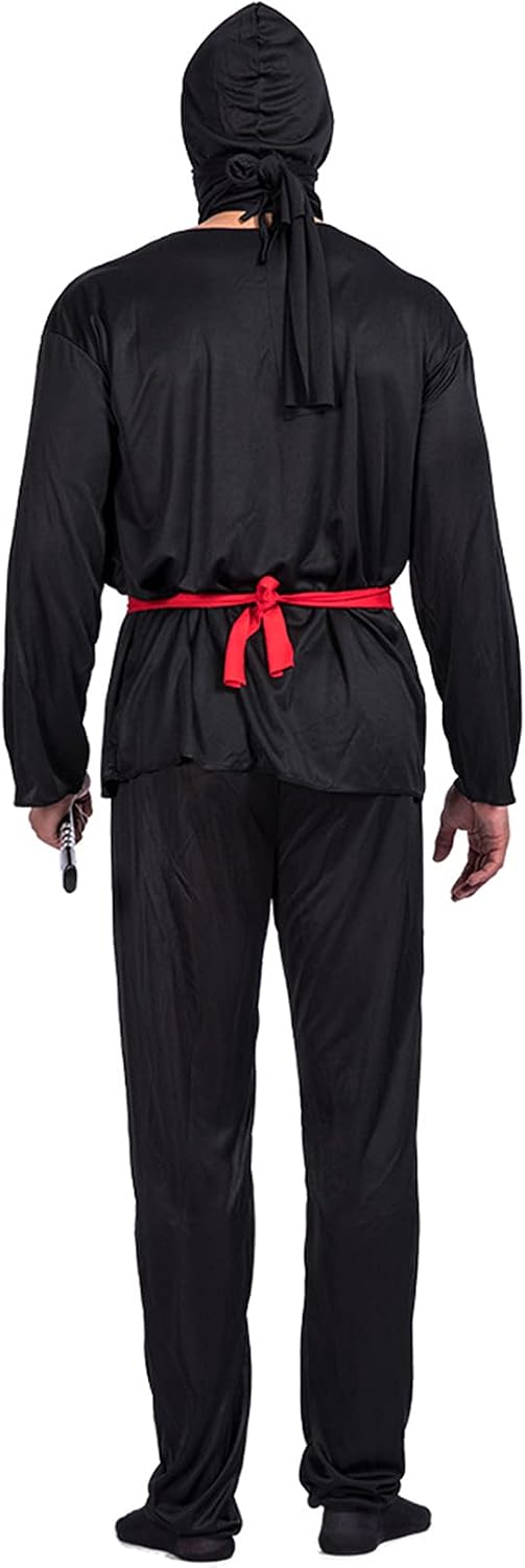 Lu's Chic Men's Ninja Costume Set Halloween Warrior Cosplay Black Costumes Belted Soft