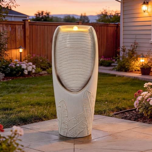 Autodaya 32"H Jar Ceramic Outdoor Water Fountain, Sand Beige Foilage Design by AUTO DAYA - Used condition - Image 8