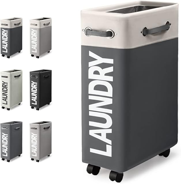 Rieeyrslza Slim Rolling Laundry Hamper 46L Rectangle Thin Laundry Basket on Wheels Collapsible Waterproof Laundry Sorter with Handle Standing Corner Storage Bins Basket (White + Dark Gray o2)