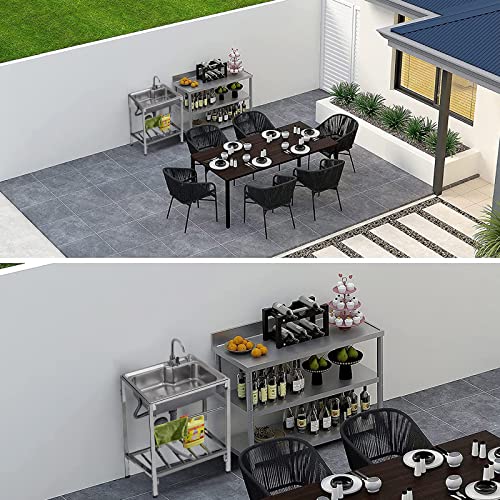 Free Standing Utility Sink Stainless Steel Commercial Kitchen Sink Set Washing Hand Basin W/Cold Hot Water Pipe Faucet Storage Shelves For Indoor Outdoor Laundry Garage 28X18.5X29.5Inch #TOP1