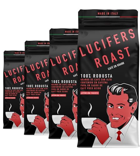 LUCIFERS ROAST 4x1kg granos de café por KIQO de Italia - espresso muy fuerte - baja acidez - para máquinas de café o portafilter - 100% Robusta (grano de café, 4x1kg)