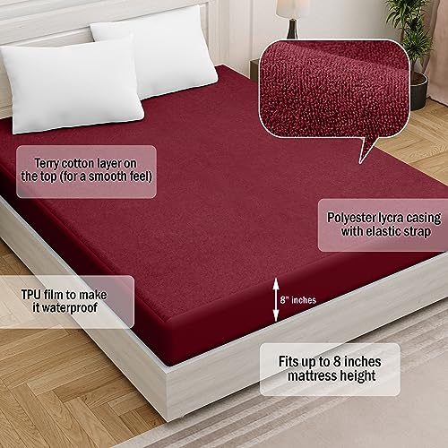 Image of Amigos 100% Waterproof Ultra Soft Cotton Feel Terry Mattress Protector King Size 84 inchx 72 inch | Breathable Hypoallergenic Elastic Fitted Mattresses Cover (84x72, Maroon)