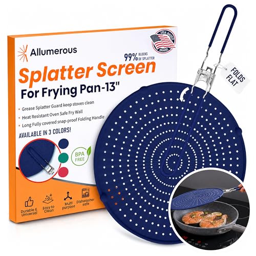 Silicone Splatter Screen for Frying Pan, 13” Navy – Grease & Oil Splatter Guard, Heat Resistant, Dishwasher Safe, Foldable Handle with Sleeves – Splash Guard Fits 10–12” Pans, Most 13” Skillets by Allumerous - Used condition - US$21.74