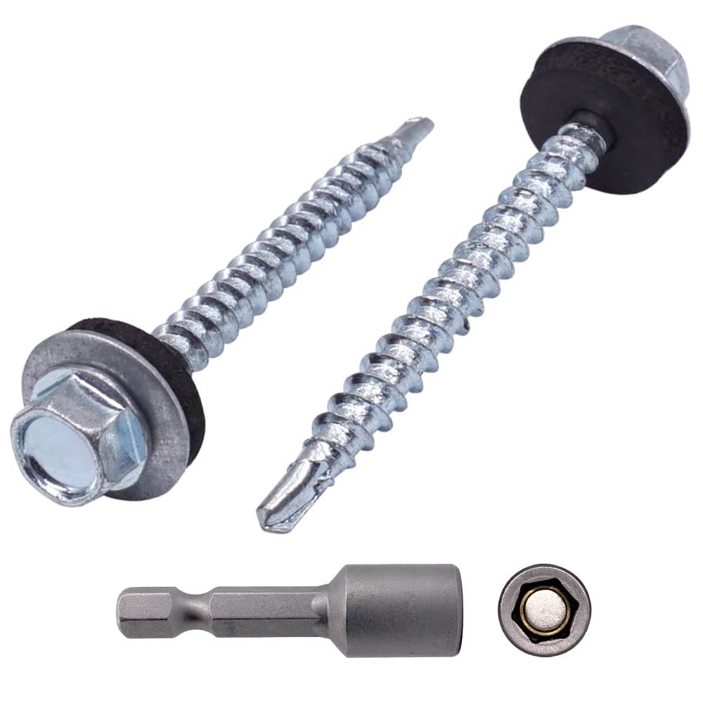 Marcopol Selbstschneidende Schrauben aus verzinktem Stahl, DIN 7504-K, 4,8 x 50 mm, mit EPDM-Unterlegscheiben, Sechskant-Unterlegscheibenkopf, Blechschraube, Packung mit 500 Stück, Silber