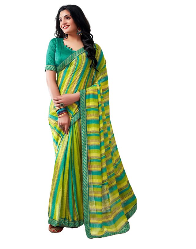 Image of SIRIL Women's Lace & Printed Chiffon Saree with Blouse