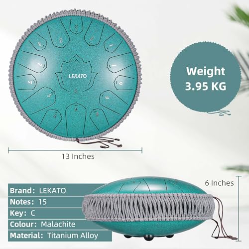 image for LEKATO Steel Tongue Drum 13 Inch 15 Notes Steel Drum C Key Beginner/Pr