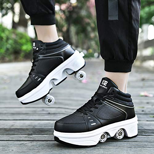 Image of 2-in-1 Roller Inline Skate Wheel & Sneakers Unisex Retractable Wheels Outdoor Fun & Fitness Kick Roller Shoes Black