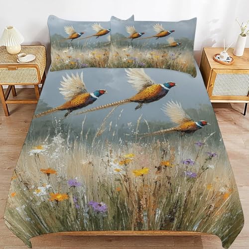 Image of Colorful Pheasant Super King Size Duvet Cover Sets 3D Printed Microfiber Florals and Animals Bedding Set Ultra-Soft Quilt Cover 260 x 220 cm with Zipper Closure and 2 Pillowcases 50x75 cm b_1817