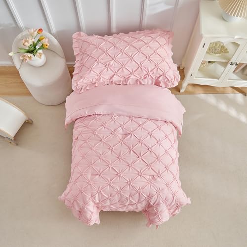 Image of DuShow Princess Toddler Bedding Set for Girls,4 Pieces Ruffles Toddler Bed Set,Ultra Soft Kids Pink Sheet Set Includes Comforter,Flat Sheet,Fitted Sheet and Pillowcase