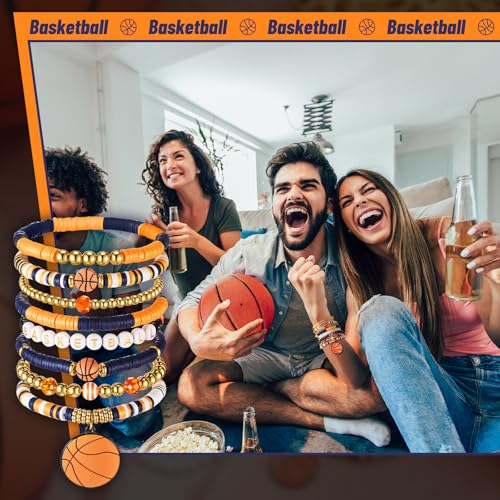 8 Pack Sports Bracelets for Women Mom Soccer Baseball Football Volleyball Basketball Stackable Heishi Clay Beaded Bracelet Accessories Fan Outfits Jewelry Gifts for Sports Party Favor(Basketball)