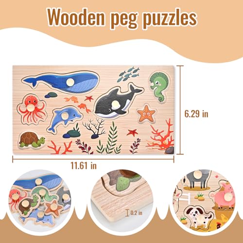 WoodTrove Wooden Peg Puzzles for Toddlers 1-3, 2 Pcs Montessori Puzzles, Animal & Sea Themes Puzzles, Great Preschool Educational Learning Gifts for Girls and Boys - Thumbnail 2