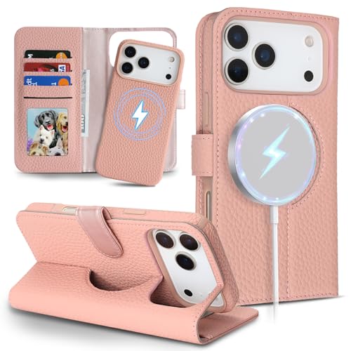 Image of Detachable Genuine Leather Case for iPhone 17 Pro Wallet Case Magnetic 2in1 Removable Flip Cover Book Purse Compatible with Magsafe Charging Kickstand Card Holder-Pink