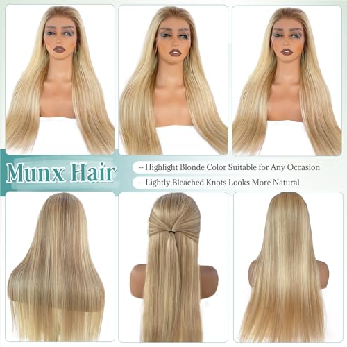 Image of Munx Ash Blonde Highlight Wig Human Hair, 180 Density 13x6 Hd Balayage Wigs Human Hair for Women Brown Highlight Lace Front Wig Pre Plucked Glueless Lace Front Wigs 16 Inch