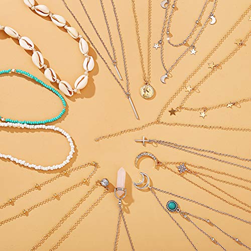 13 Pcs Fashion Teen Layered Necklaces Jewelry For Girls Women Gold & Silver Sexy Adjustable Beaded Choker Chain Y Bar Crossing Coin Pendant Set For Christmas/Birthday/Party Gifts #TOP4