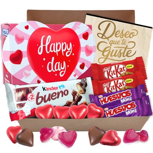 Cajita para Regalo con Chocolate Kinder Bueno, Bombones en forma de Corazon Rellenos, Kit Kat, Huesitos, Gominolas, y Mucho Más · Día de la Madre · Con Tarjeta y Texto Personalizada