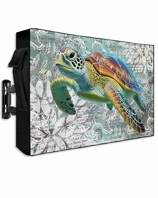 Ocean Outdoor TV Cover 75 Inch Weatherproof, Sea Turtle Nautical Map for Outside, 600D Thick Waterproof Screen Protector With Zipper for 70 to 75 Inch Screens