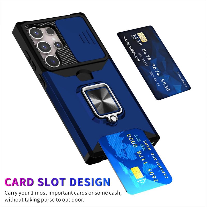 Image of LuxuryKase Shockproof Armor Case for Samsung Galaxy S24 Ultra | Slide Camera Cover | Hidden Card Slot | Rotating Ring Kickstand | Magnetic Car Mount Support | Military Grade Protection - Blue