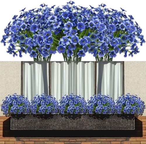LANKAMO Artificial Flowers 15 Bunches Outdoor UV Resistant Faux Flowers Plastic Fabric Greenery Plants for Hanging Planter Kitchen Home Wedding Office Garden Decoration (Blue, Spring Grass)