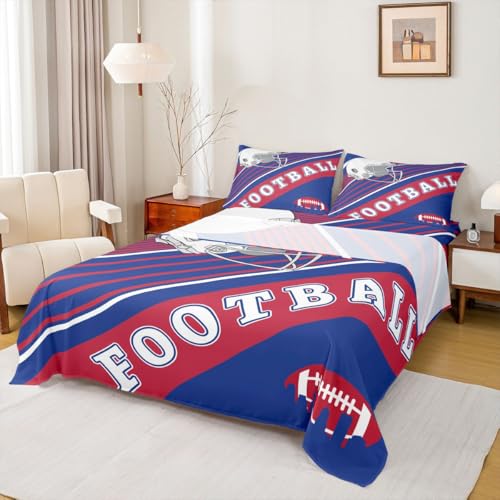 Erosebridal Boys Sheets Gridiron Sheet Set Blue and Red Rugby Game Helmet Bed Sheets Set Football Sports Seasonal Flat Fitted Sheet with 2 Pillowcases, Queen