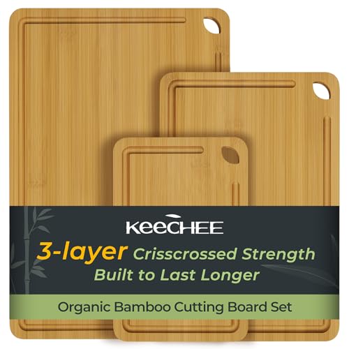 Image of Keechee Bamboo Cutting Board, Cutting Board for Kitchen with Handles | Non Toxic, Resisted-Cracking&Curling, Deep Juice Groove, Side Handles,Cross-Laminated Structure, Knife-Friendly, Gifts Ready