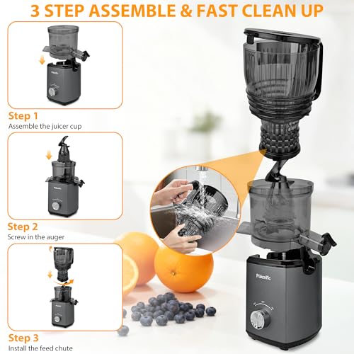 Pukomc Cold Press Juicer, 5.8-inch wide feed chute for whole fruits and vegetables - 1.8L Capacity 300W Cold Press Juicer with slow grinding juicing, includes cleaning brush and juicing cup, grey