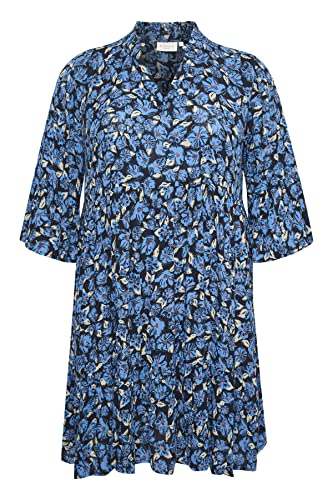 Image of Kaffe Curve Women's Plus Size Dress Tiered V-Neck Printed Ruffle Casual, Dark Blue/French Blue Flower, 54