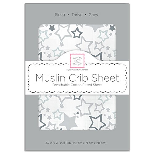 Image of SwaddleDesigns Softest Cotton Muslin Fitted Crib Sheet /Toddler Sheet for Baby Boy & Girl, Gray & Sterling Starshine
