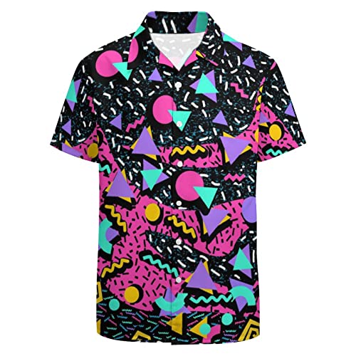 LARSD Camisas de los años 80 para hombres de los 90 Camisa con botones vintage retro hawaiana de playa divertida camisa de fiesta de discoteca de neón, M