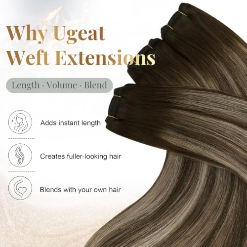 Image of Ugeat Weft Hair Extensions Human Hair, Human Hair Extensions Sew in 22 Inch 100g, Hair Weft Extensions Double Weft, Dark Brown Balayage Ash Blonde
