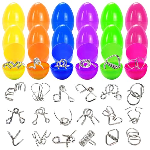 Lot de 18 œufs de Pâques remplis de puzzle 3D en métal, jeu de casse-tête pour adultes et enfants, chasse aux œufs de Pâques, remplissage de panier de...