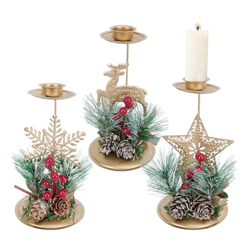 LIPJISL 3PCS Hierro candelabro de Navidad Vintage Oro Dorado Metal Vela Titular Ornamento de Mesa para Navidad Decoraciones caseras Chimenea Fiesta Regalo