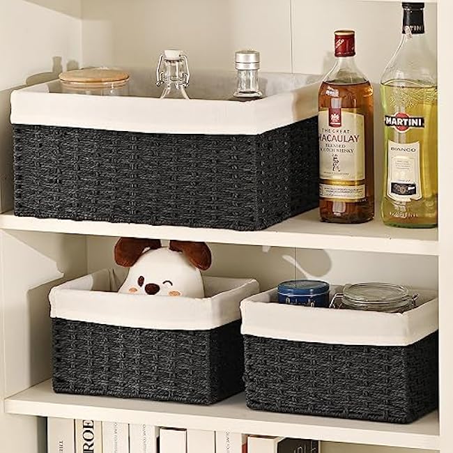 Vagusicc Storage Basket, 3-Pack Woven Paper Rope Wicker Baskets for Storage with Handles, 15 Inches Large Cube Storage Bins Woven Storage Baskets with Liners for Shelves Organizing & Decor, Black