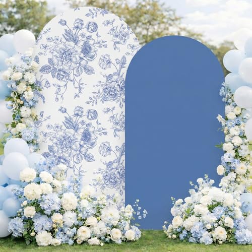 Tegeme 2 Set Blue Floral Arch Cover 7.2ft 6.6ft Party Stretchy Backdrop Cover for Wedding Birthday Tea Party Bridal Showers Baby Showers Ceremony Banquet Decor