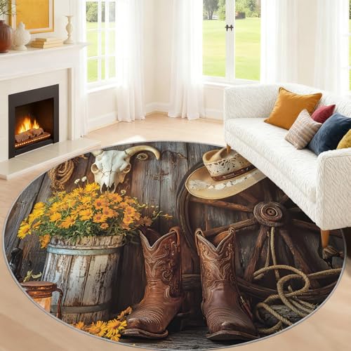 Tapis rond de cowboy antidérapant et lavable au style rustique - 4