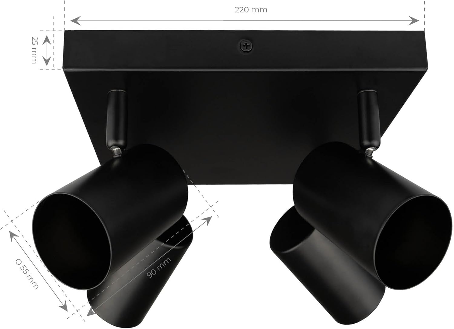 Technical drawing showing the dimensions of the Ledvion GU10 4-Light Adjustable LED Spot Ceiling Light, with measurements in millimeters.