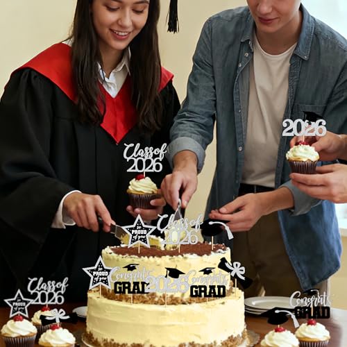 Image of 48 PCS Grad Cupcake Toppers, Congrats Graduation Cake Topper, Class of 2026 Black and Silver Graduation Decor, Glittery Cap and Diploma Cake Picks for Grad Party Decorations Supplies