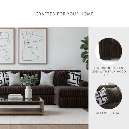 Image of Signature Design by Ashley Midnight-Madness 3-Piece Sectional with Chaise, Large L-Shaped Couch, Deep Seat Sectional, Brown Jumbo Corduroy Sofa, Reversible Cushions, Chocolate Brown, 190 inch W