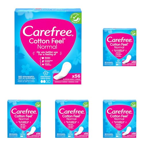 Carefree Slipeinlagen Cotton Feel Normal mit Frischeduft (48 Stück), 100% atmungsaktiv, verleihen ein Gefühl von Komfort, Trockenheit und Frische, Größe Normal (Packung mit 5)