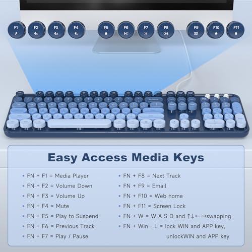Image of MOWUX Computer Keyboard Wired, Plug and Play USB Retro Round Typewriter Keyboard, Full Size Wired Keyboard with Foldable Stands for Laptop and Office PC- Sea Blue Gradient