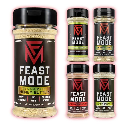 Feast Mode Flavors | Candy Pack | 5 count | 5oz seasonings | Cinnamon Honey Butter | Death By Chocolate | Coconut Cream Pie | Caramel Apple | Banana Cream Pie | meal prep seasoning low sodium no msg gluten free low calorie no artificial fillers healthy flavoring