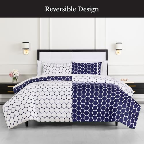Image of kate spade new york Joy Dot Full /Queen Comforter Set, 300 Thread Count and 100% Cotton Cover, All Season 3 Piece Reversible Bedding Set, Machine Washable, Navy and White