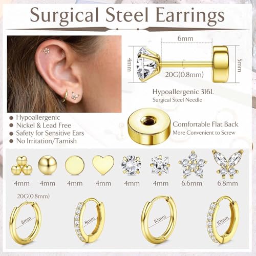 Image of Shining Diva Fashion 12 Pairs Anti Tarnish Earrings Combo Set | 14K Gold Plated | Hypoallergenic Stainless Steel Earring for Sensitive Ears | Flat Back Stud Hoop Cartilage Earring for Multiple Piercing
