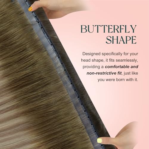 Image of Easyouth 80g Butterfly Weft Human Hair Extensions Balayage Human Hair Extension Sew in Dark Brown Ombre Light Brown with Blonde PU Hole Weft Extensions Breathable 16 In Invisible Genius Weft Extension