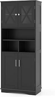 GIANTEX MDF Bathroom Column, High Cabinet with 4 Doors, 3 Adjustable Shelves, 3 Open Behavior, Waterproof Design, Storage Cabinet 60 x 30 x 145 cm (Black)