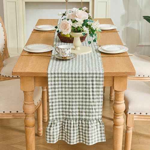 Kisswish Gingham Plaid Ruffle Table Runner, 13 x 108 Inch, 100% Washed Cotton Double Layer Farmhouse Table Runner for Dining Table, Holiday, Wedding, Party & Everyday Decor, Sage Green by kisswish - Used condition - Image 6