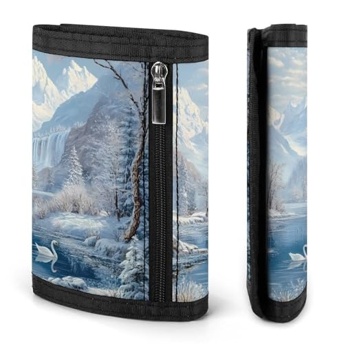 Winter Swans Snowy Mountain Lake Trifold Wallets for Men Women Ultra Thin Card Holder Purse with Zip Coin Pocket3