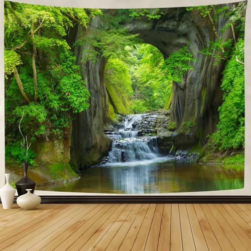 Wycian Nature Landscape Tapestry Forest River Tapestry Waterfall Cave Scenery Lake Microfiber Green Scenic Mountain Tree 94X87 240X220cm (Width x Height) - Image 4