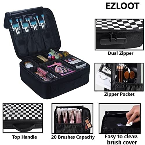 Image of Travel Makeup Case, Professional Cosmetic Train Cases Artist Storage Bag Make Up Tool Boxes Brushes Bags with Compartments Vanity Organizer (10 INCH(1 Layer), Chess Pattern)