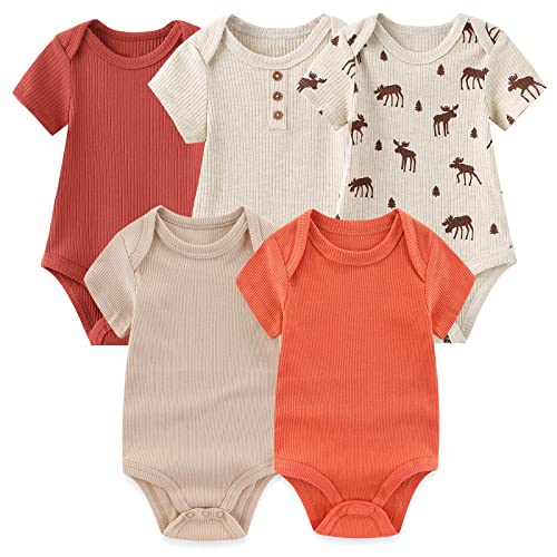 Image of MAMIMAKA Newborn Baby Short Sleeve Bodysuit Cotton One-Piece Baby Clothes 5-Pack, 0-12 Months